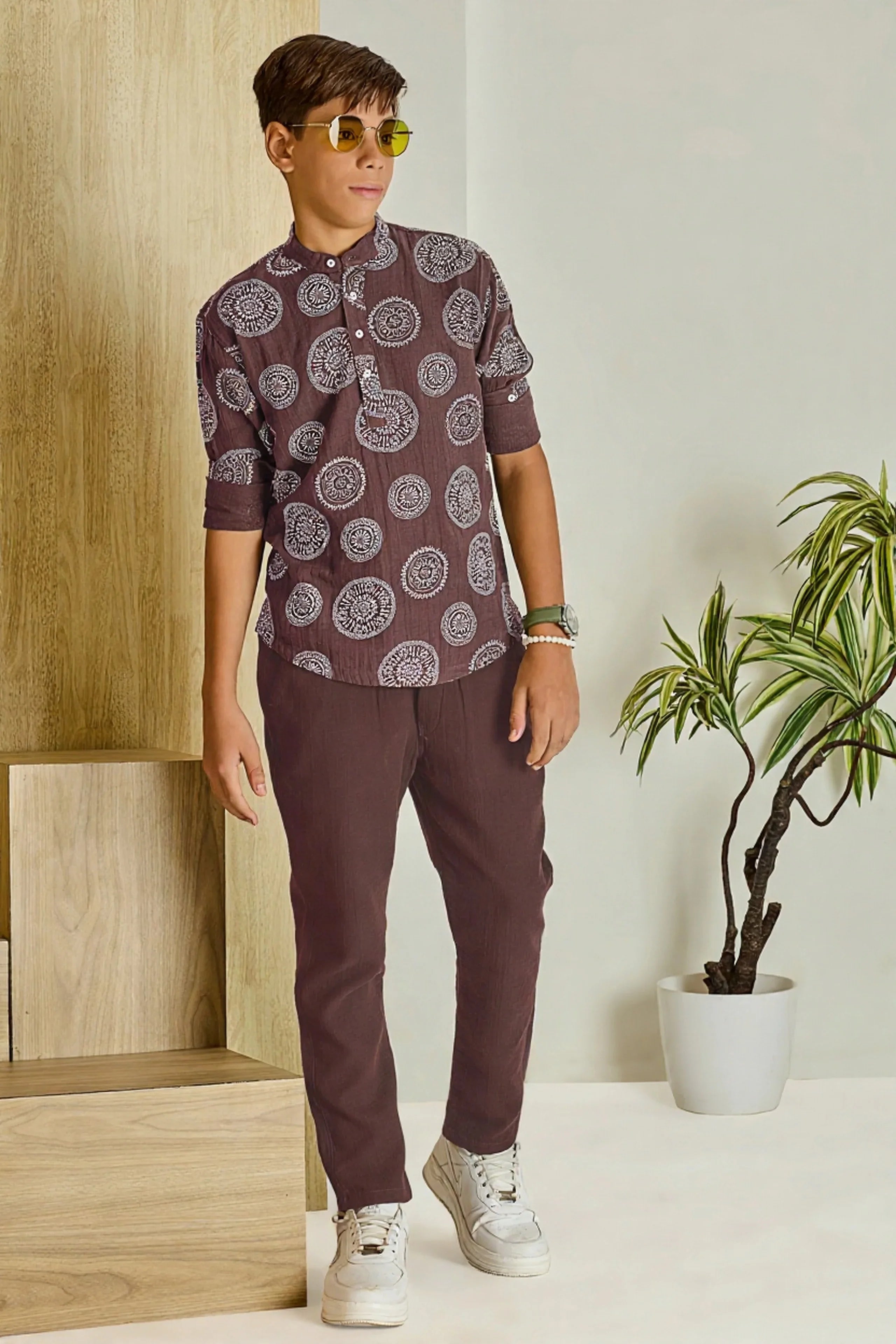 Brown Printed Cotton Boys Shirt - Mokshaa