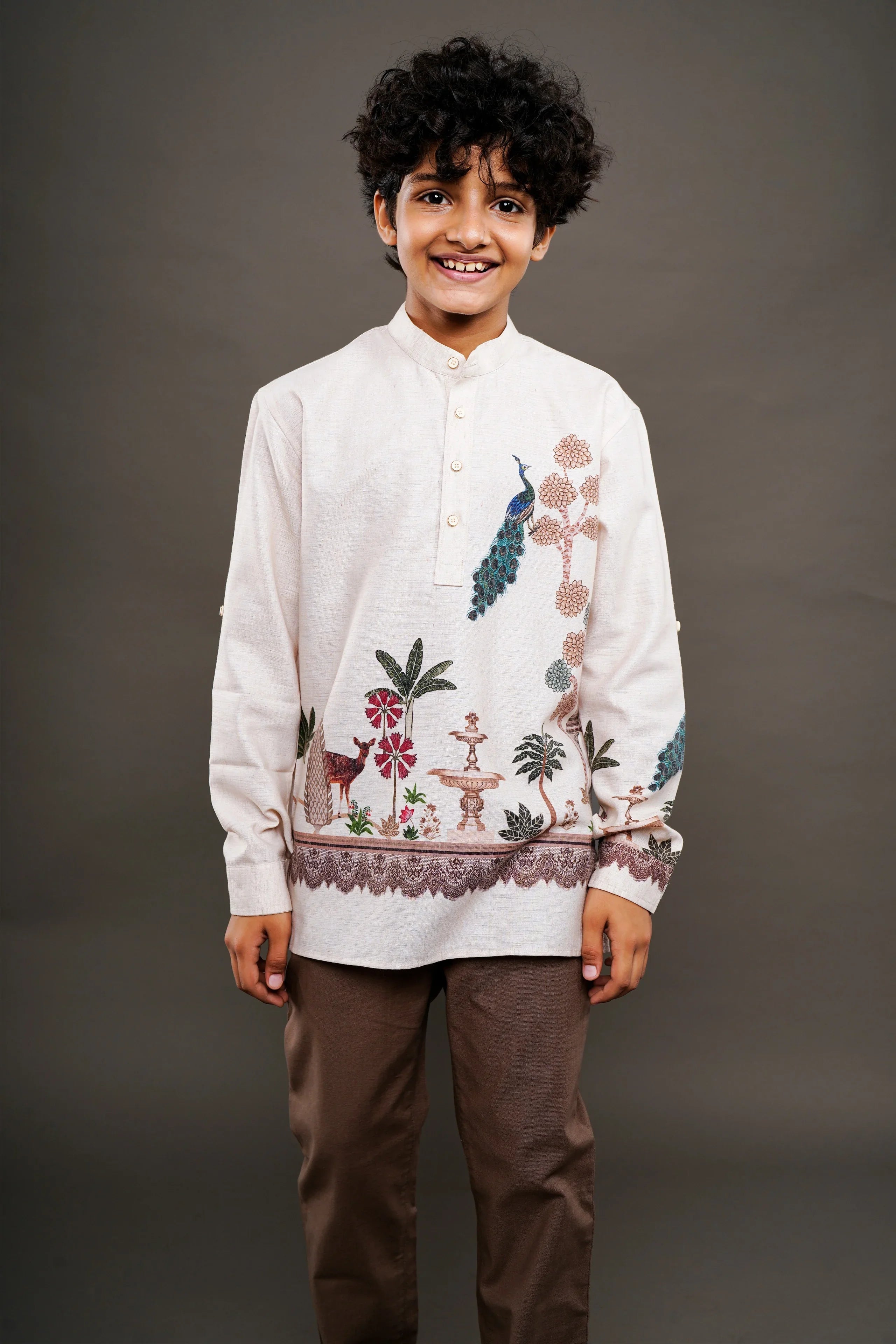 Ivory Garden Motif Printed Boys Kurta Shirt - Mokshaa
