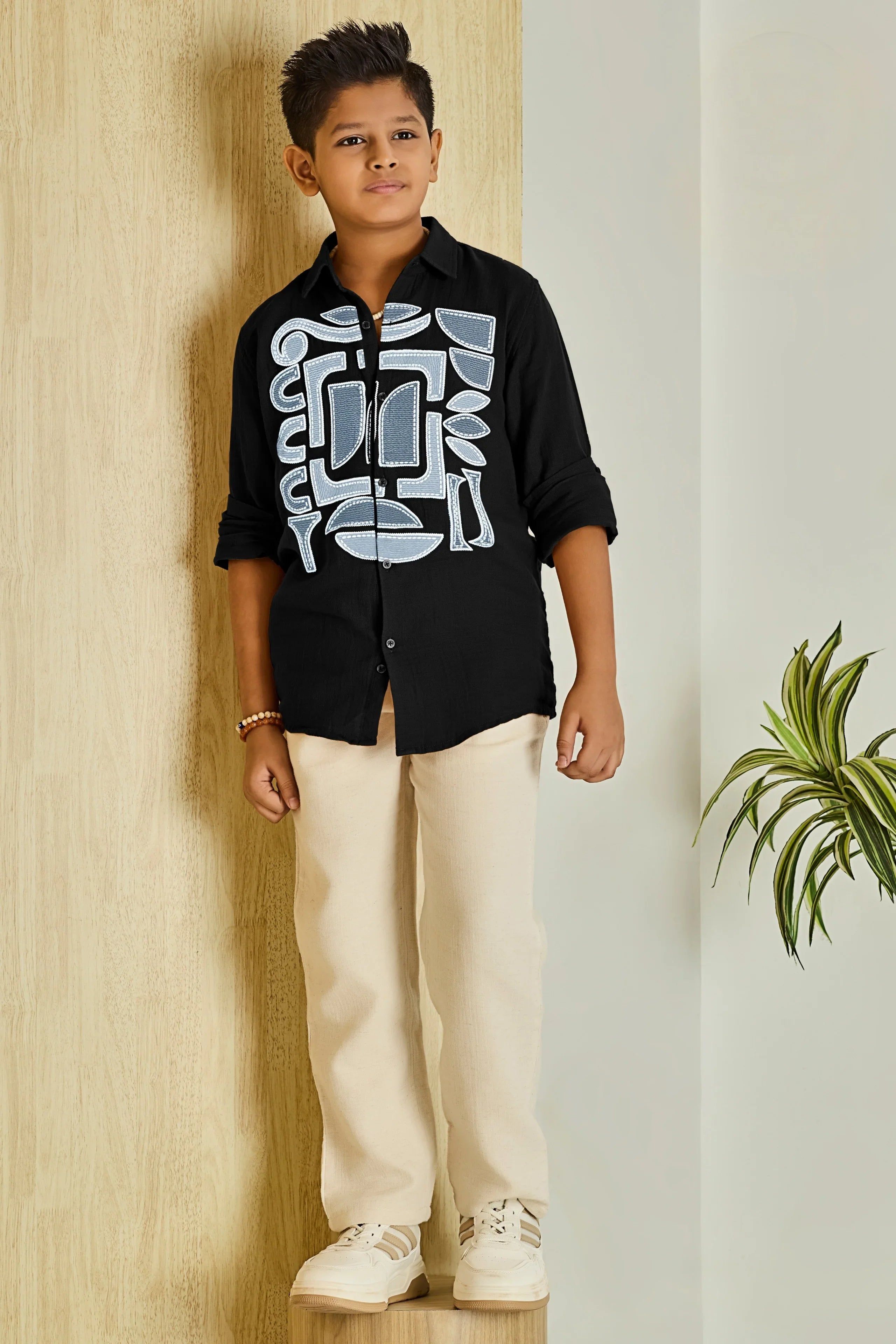 Black Tribal Motif Embroidered Cotton Boys Shirt - Mokshaa