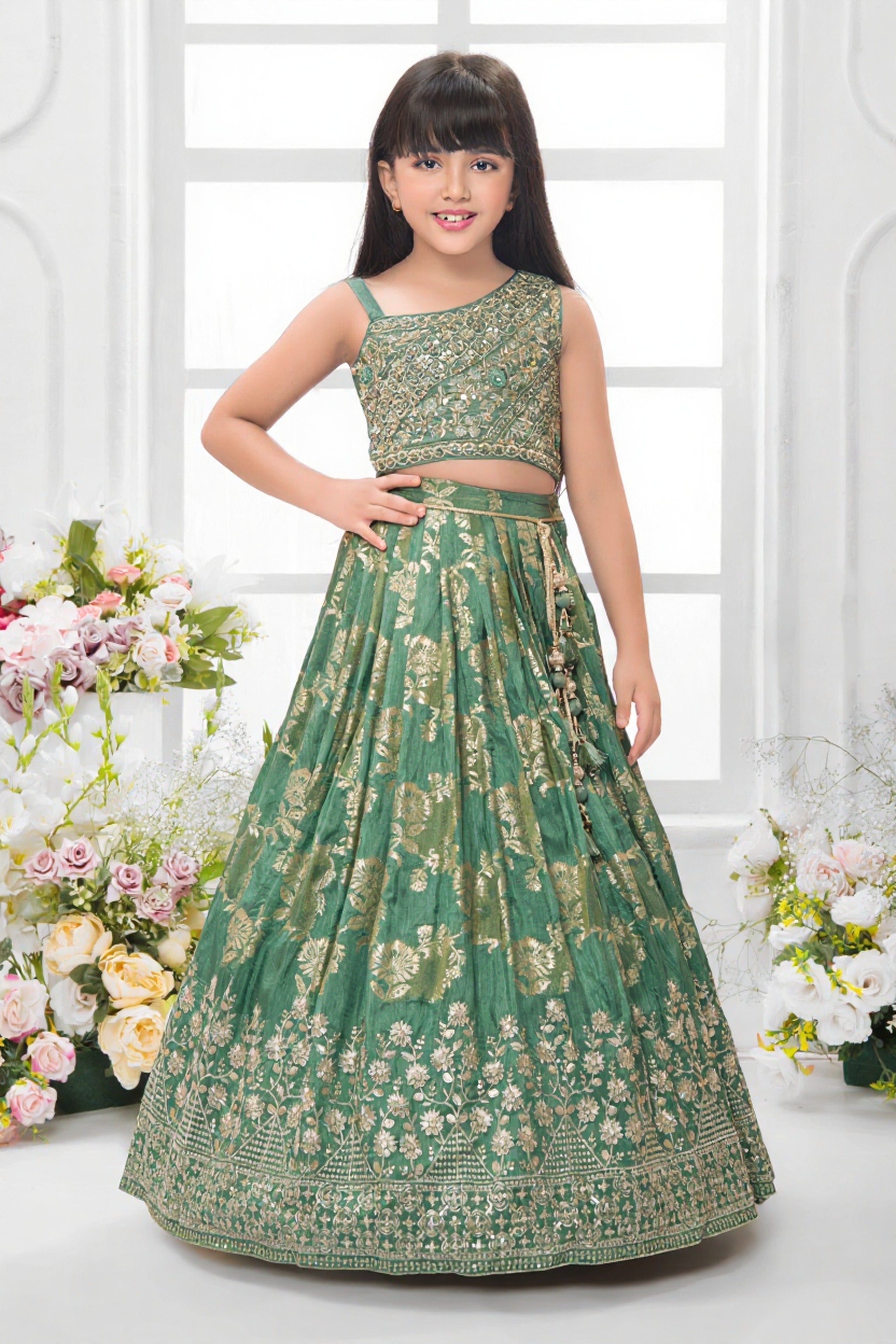 Emerald Green Banarasi Lehenga Set for Girls - Mokshaa
