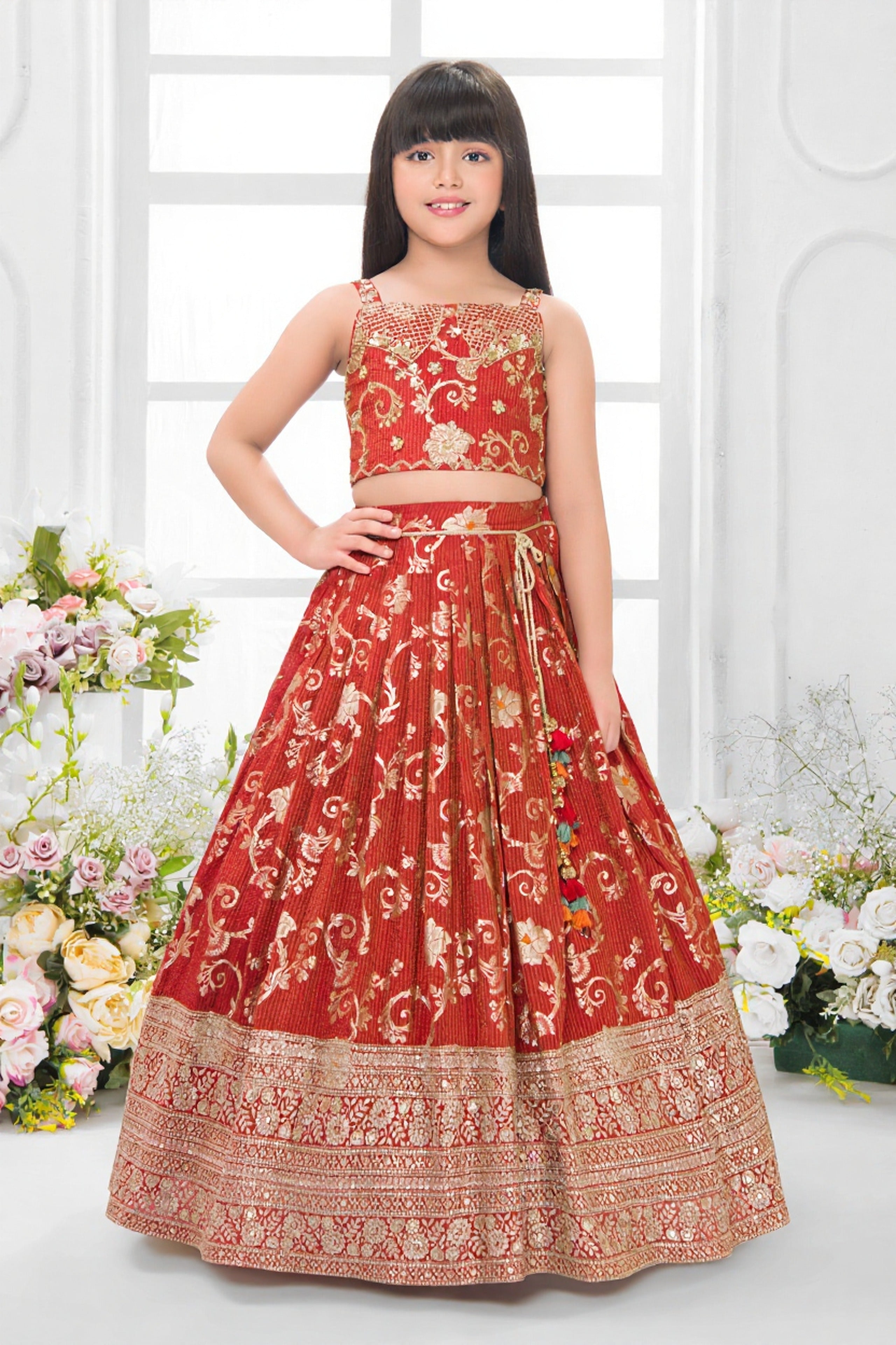 Rust Banarasi Lehenga Set for Girls - Mokshaa