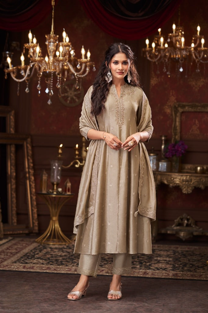 Beige Silk Short Anarkali Set with Gold Embroidery - Mokshaa