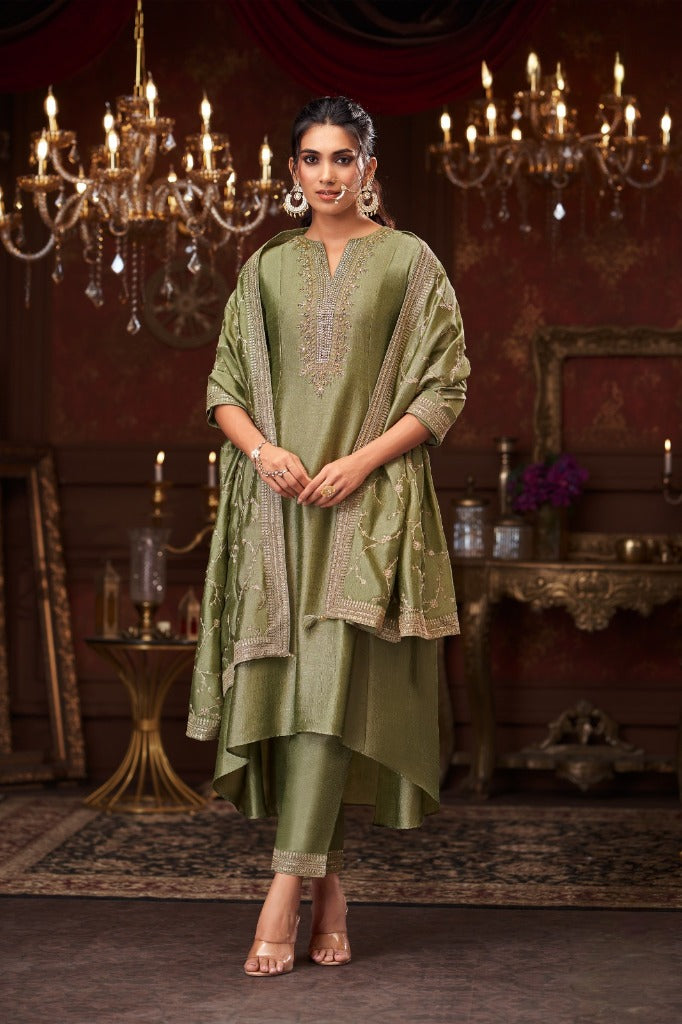 Olive Green Silk Short Anarkali Set with Embroidered Dupatta - Mokshaa