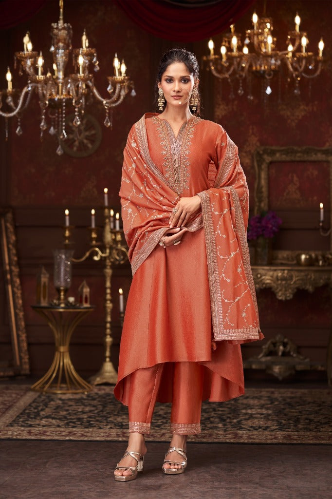 Rust Silk Short Anarkali Set with Embroidered Dupatta - Mokshaa