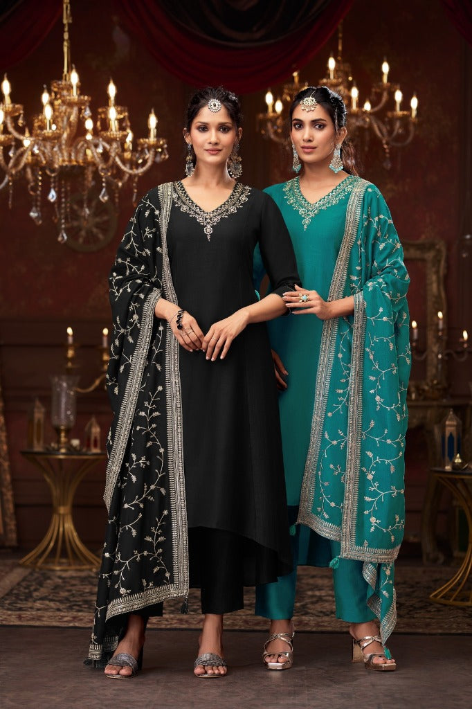 Teal Silk Short Anarkali Set with Embroidered Dupatta - Mokshaa