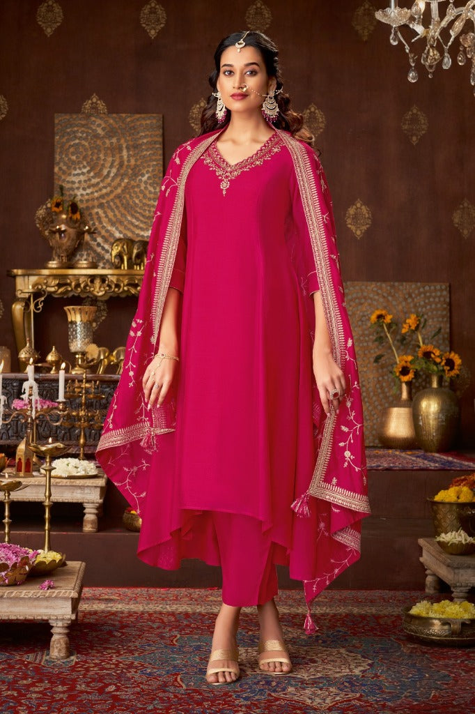 Magenta Silk Short Anarkali Set with Embroidered Dupatta - Mokshaa