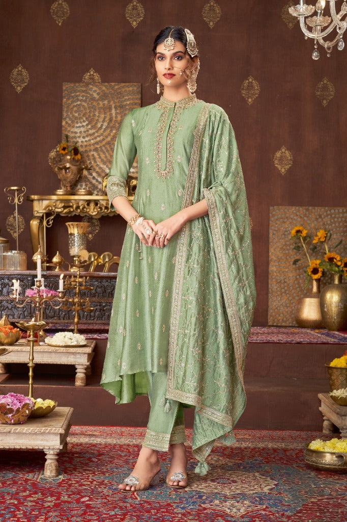 Sage Green Silk Short Anarkali Set with Embroidered Dupatta - Mokshaa