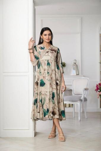 Beige & Green Printed Silk Dress