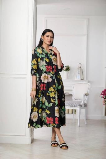 Black Multicolour Floral Satin Silk Dress