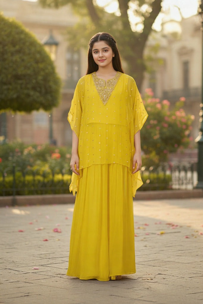Sunshine Yellow Georgette Mirror Work Kaftan Top & Palazzo Set for Girls