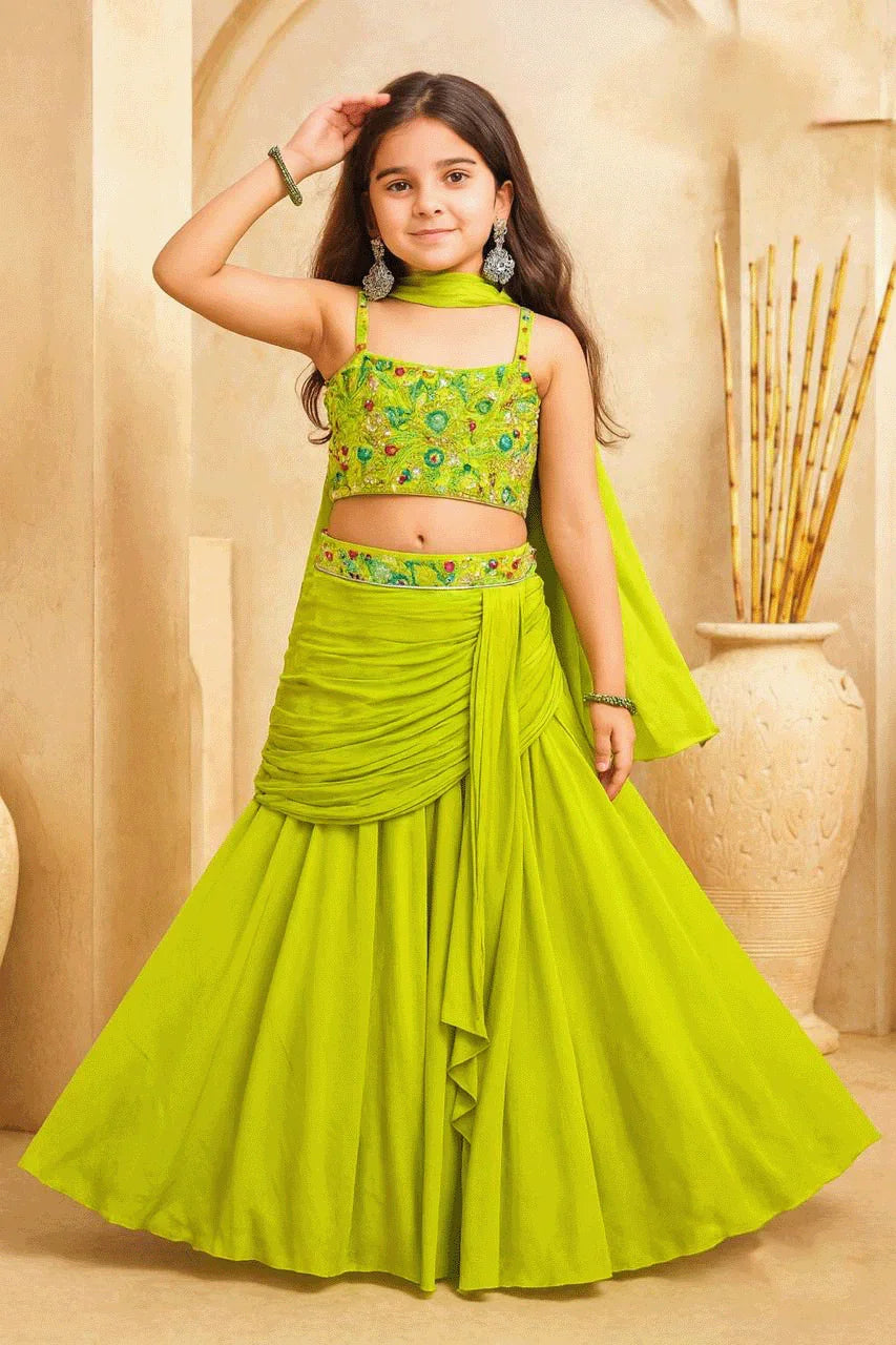 Lime Green Embroidered Lehenga Set for Kids - Mokshaa
