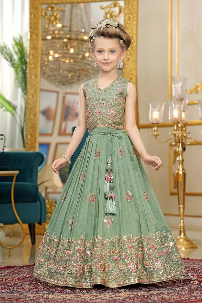 Sage Green Embroidered Lehenga Set for Girls - Mokshaa