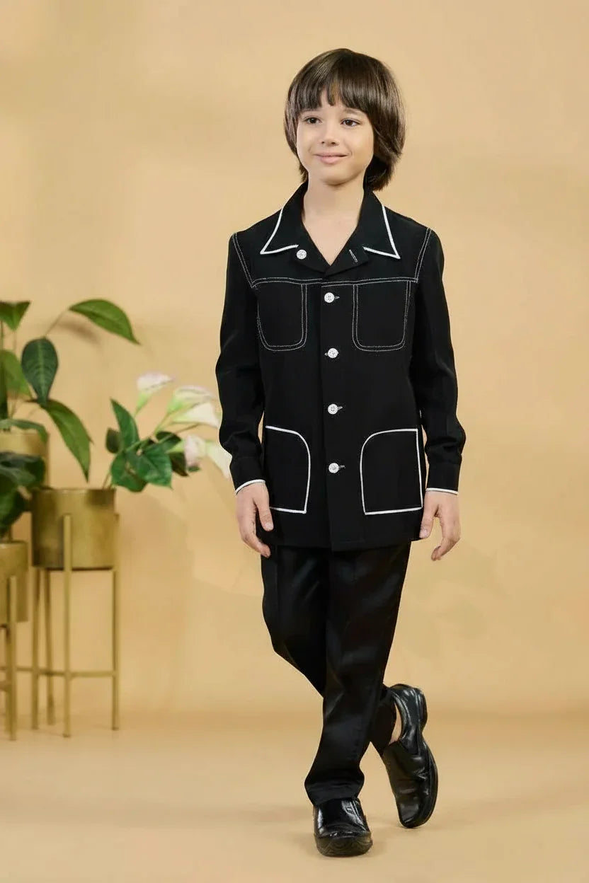 Black Contrast Stitch Shirt Set - Mokshaa