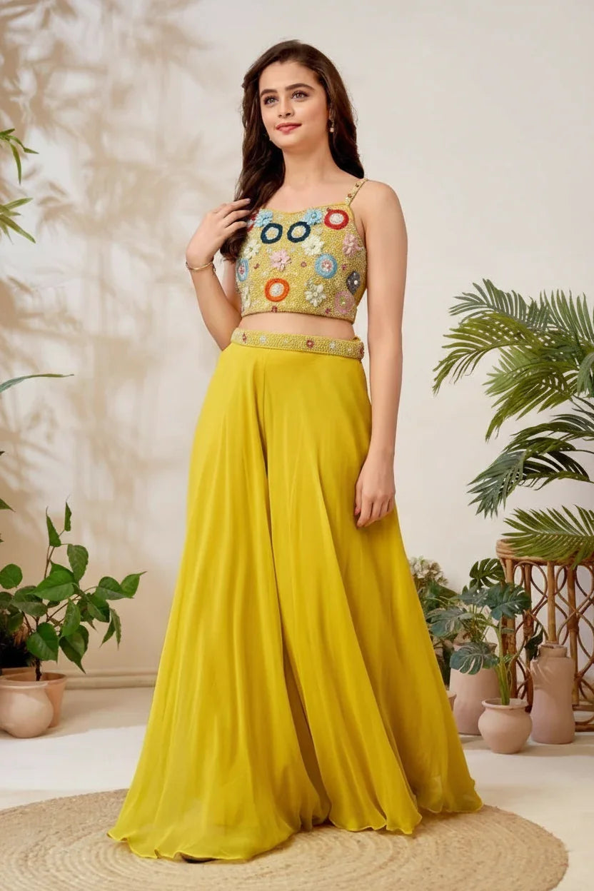 Girls Yellow Embellished Palazzo Set - Mokshaa