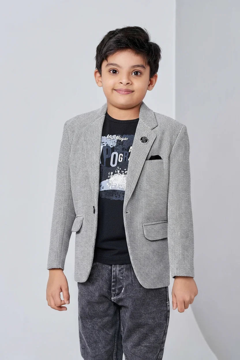 Grey Textured Blazer Set for Boys - Mokshaa