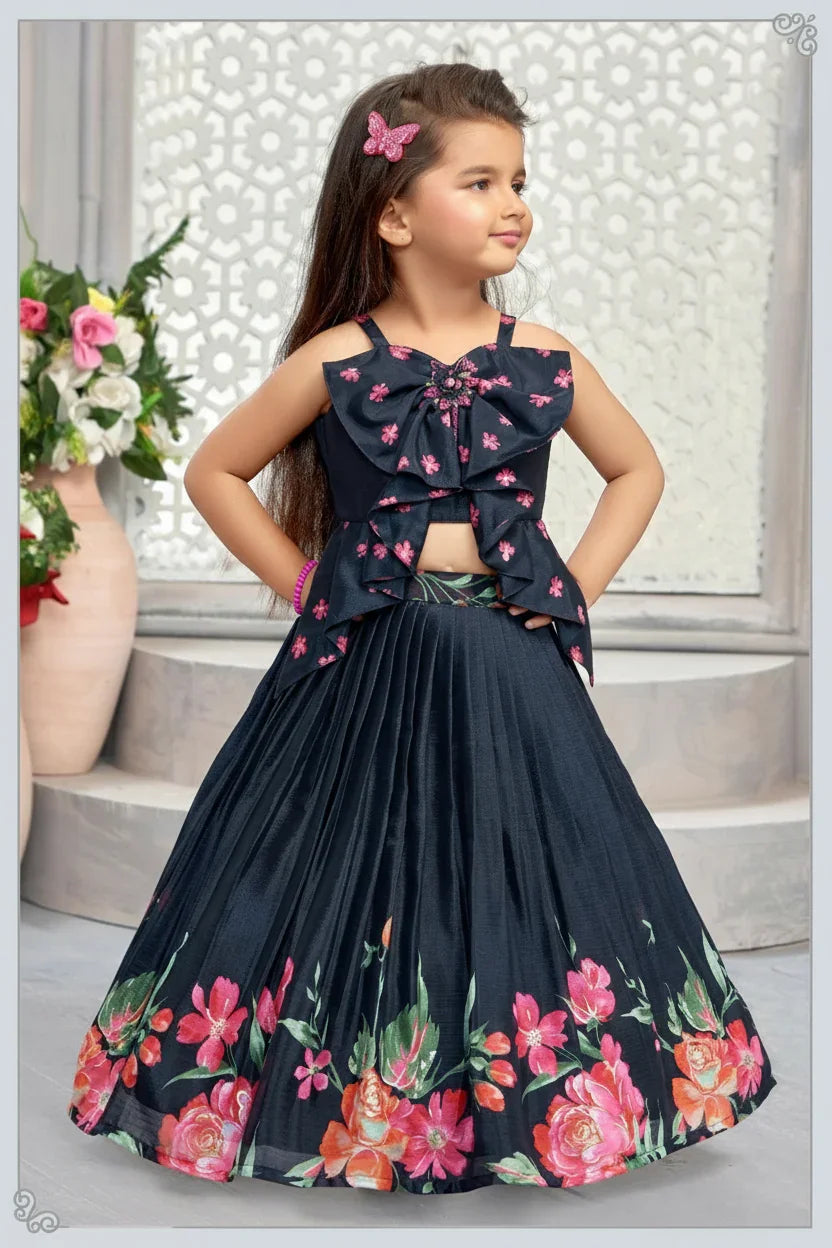 Deep Navy Blue Bow Top with Floral Printed Skirt - Mokshaa