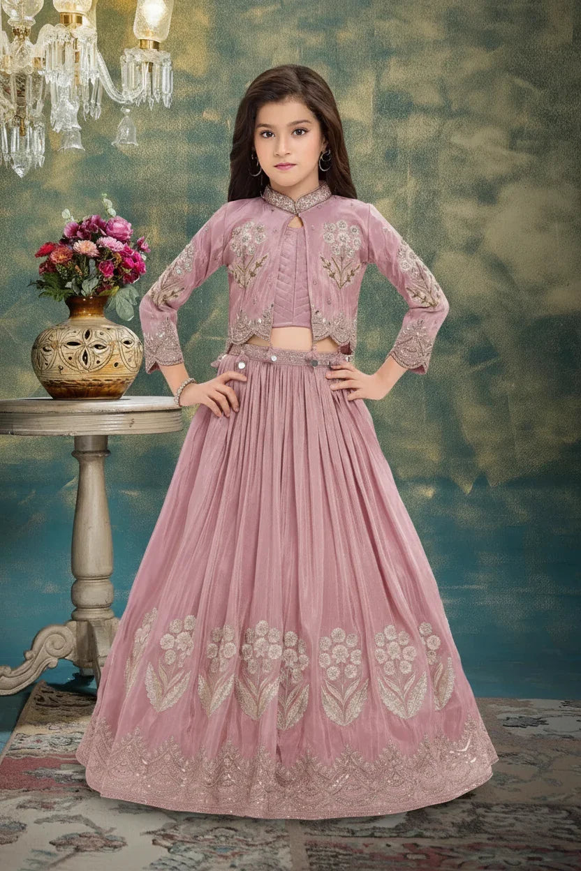 Dusty Pink Jacket Style Lehenga Set with Embroidery - Mokshaa