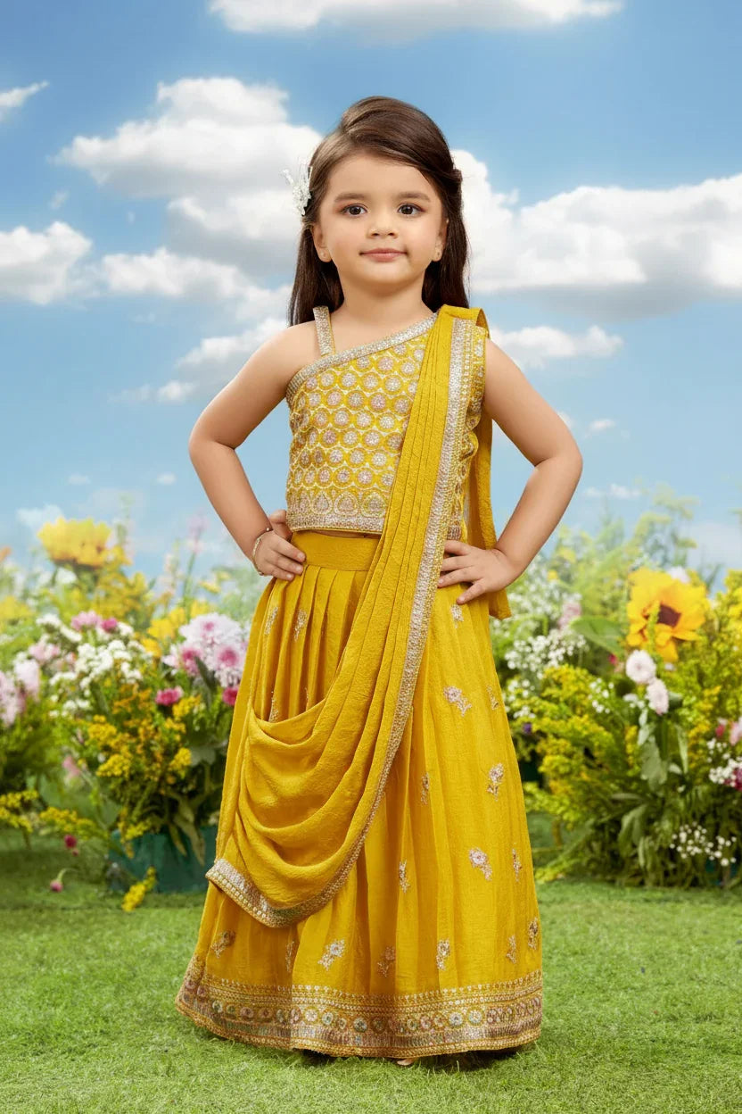 Mustard Yellow Embroidered Lehenga Set for Girls - Mokshaa