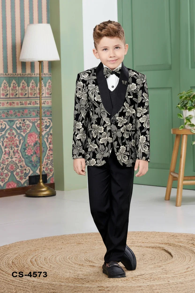 Black Tuxedo Set with Golden Floral Embroidery for Boys - Mokshaa