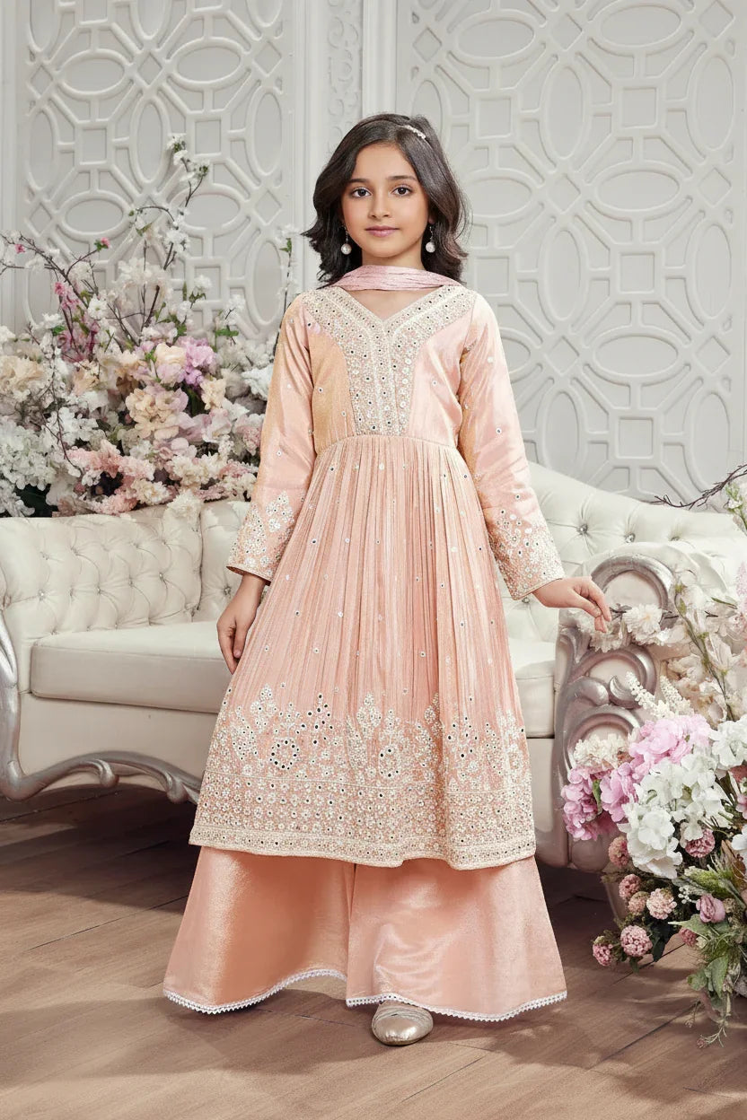 Peach Mirror Work Mid- Length Anarkali Set for Girls - Mokshaa