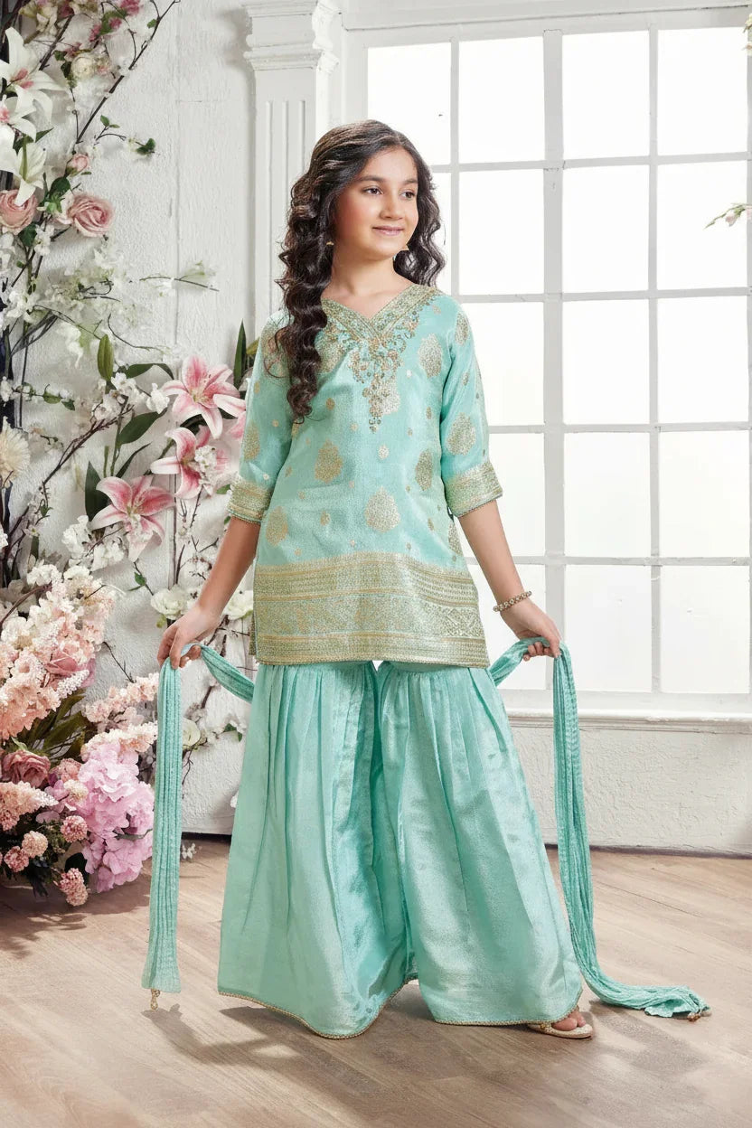 Aqua Zari Work Sharara Set for Girls - Mokshaa