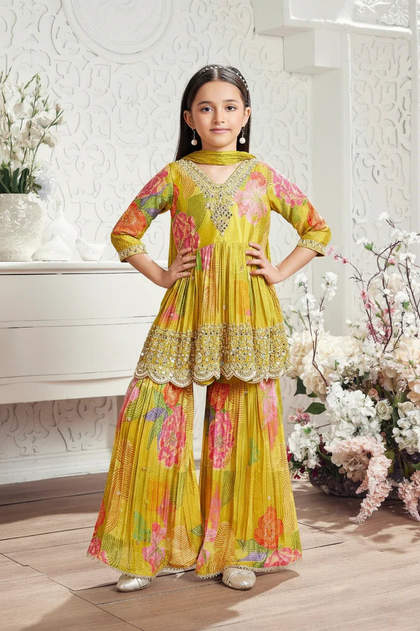 Green Floral Mirror Work Sharara Set for Girls - Mokshaa