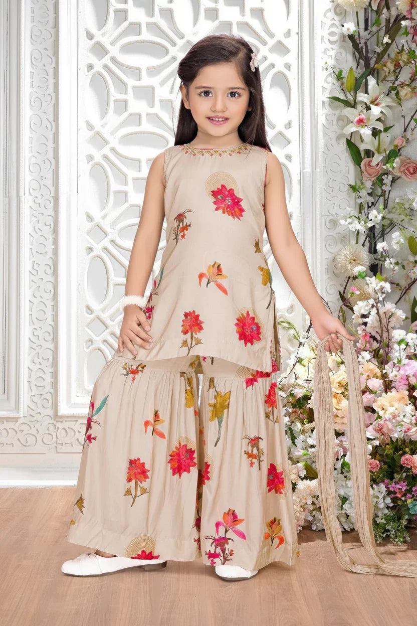 Cream Floral Print Sharara Set for Girls - Mokshaa
