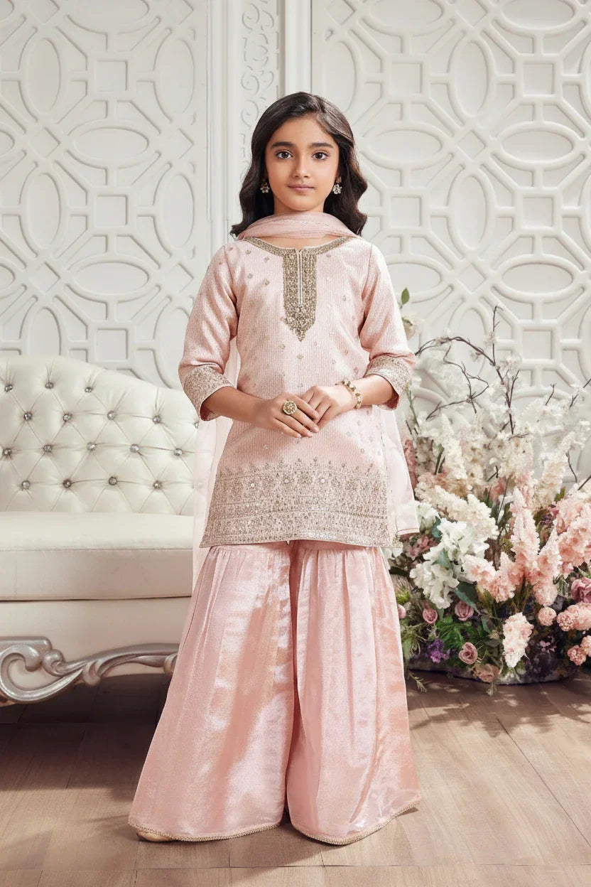 Blush Pink Zari Embroidered Sharara Set for Girls - Mokshaa