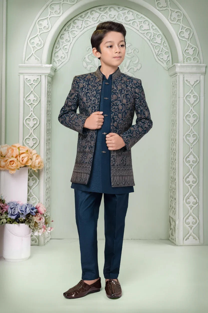 Navy Blue Jacquard Sherwani Set for Boys - Mokshaa