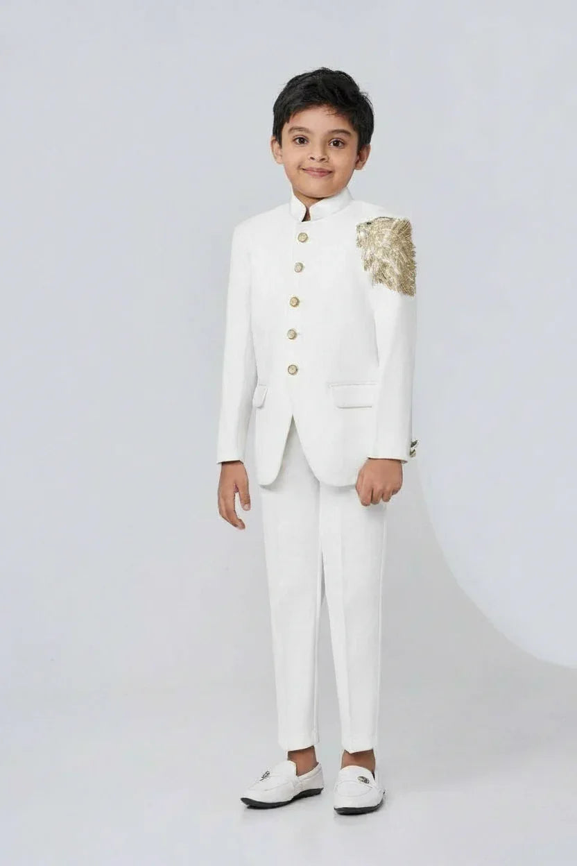 White Jodhpuri Suit with Gold Shoulder Embellishment - Mokshaa