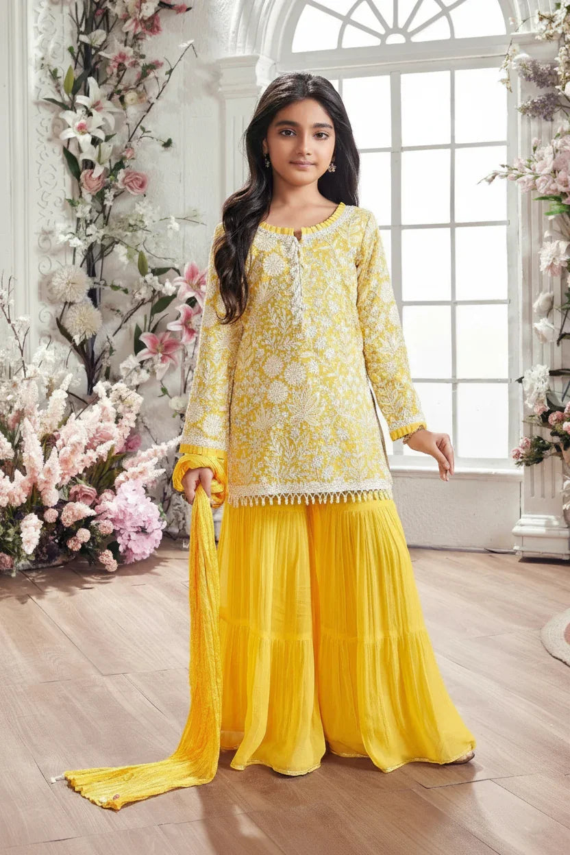 Sunshine Yellow Embroidered Kurta with Sharara Pants - Mokshaa