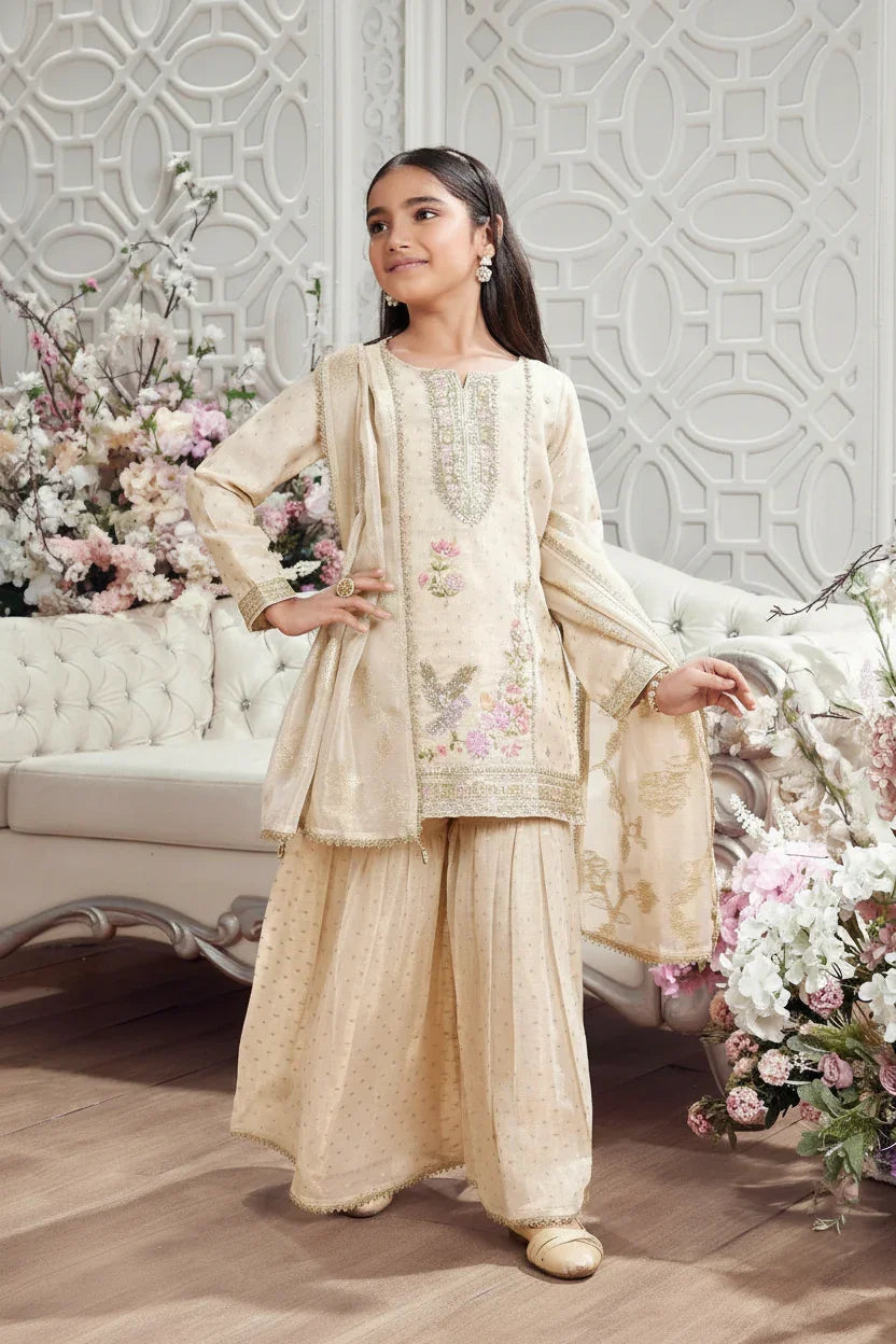 Fawn Thread & Mirror Work Sharara Set for Girls - Mokshaa