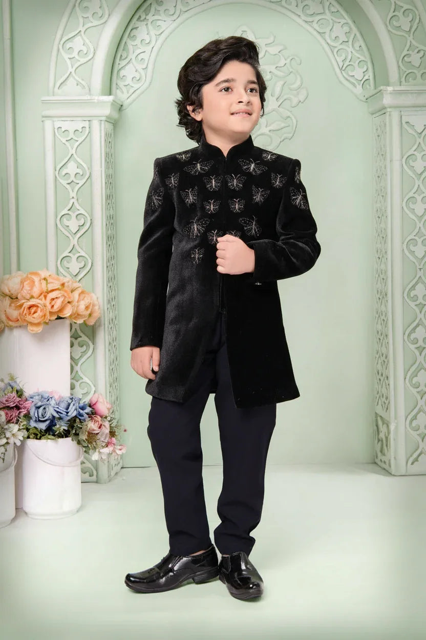 Black Velvet Embroidered Set for Boys - Mokshaa