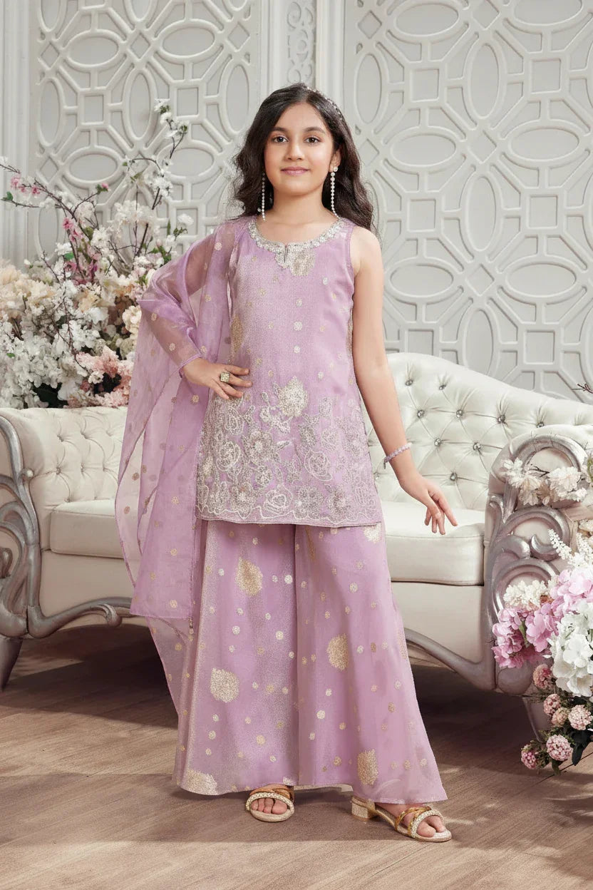 Lilac Embroidered Kurta with Palazzo Pants - Mokshaa
