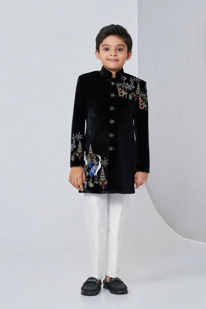 Black Velvet Jodhpuri Set with Multicolor Embroidery - Mokshaa