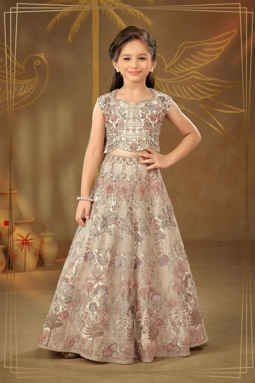 Beige Embroidered Lehenga Set for Girls - Mokshaa