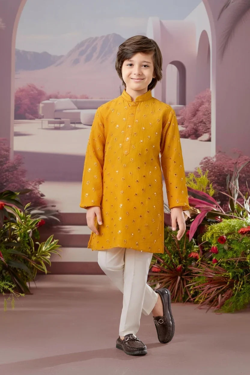 Mustard Embroidered Kurta Set - Mokshaa