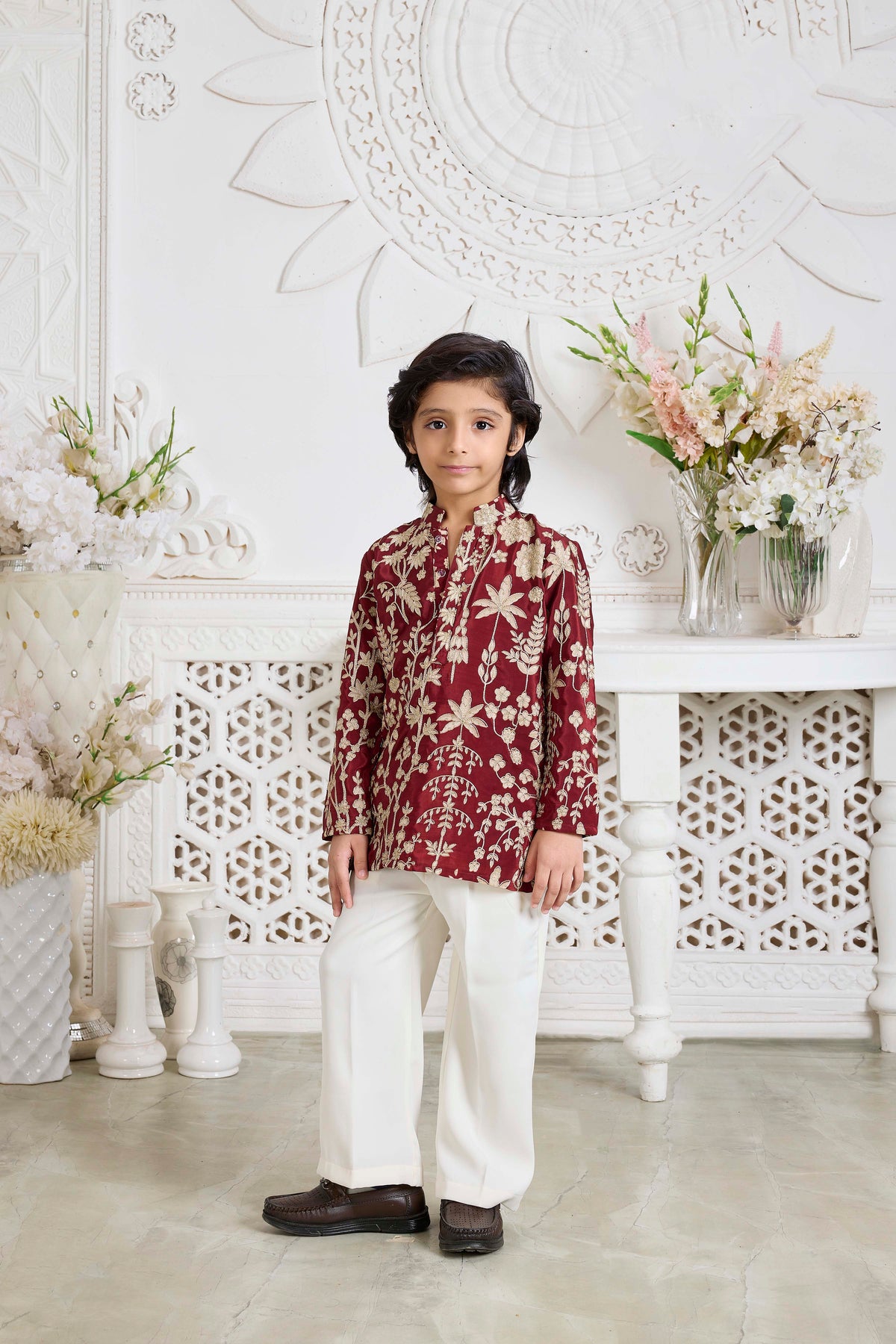 Maroon Floral Embroidered Kurta Set - Mokshaa