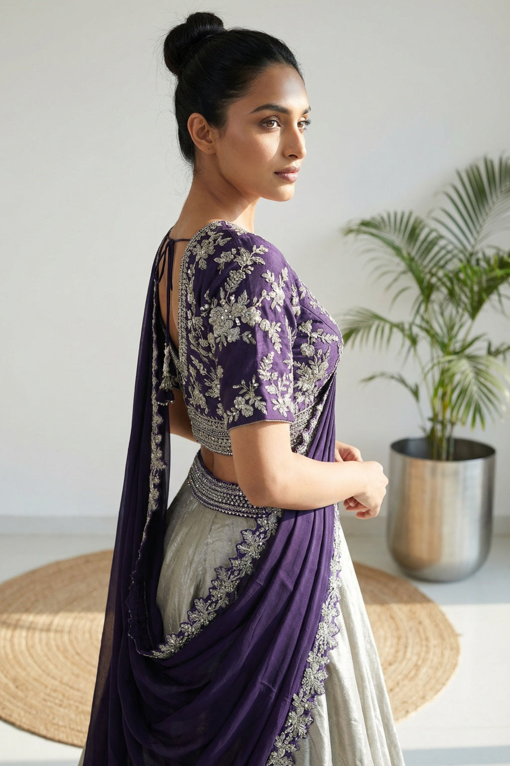 Silver & Purple Draped Banarasi Lehenga Set - Mokshaa