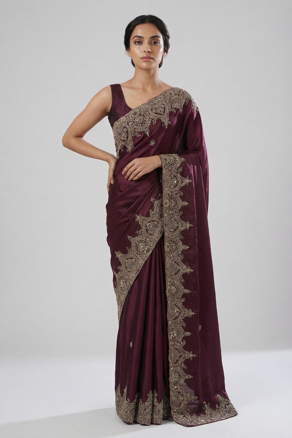 Wine Satin Saree with Zardosi Butta Body & Heavy Zardosi Border - Mokshaa