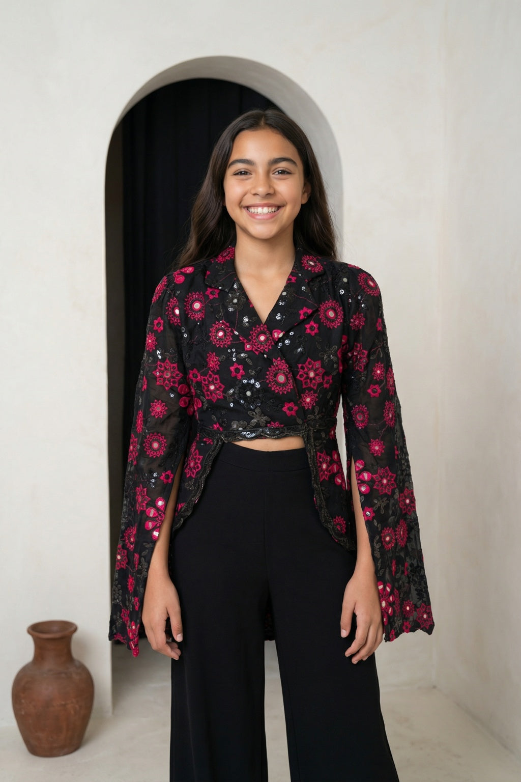 Black and Pink Embroidered Cape Top with Palazzo Set