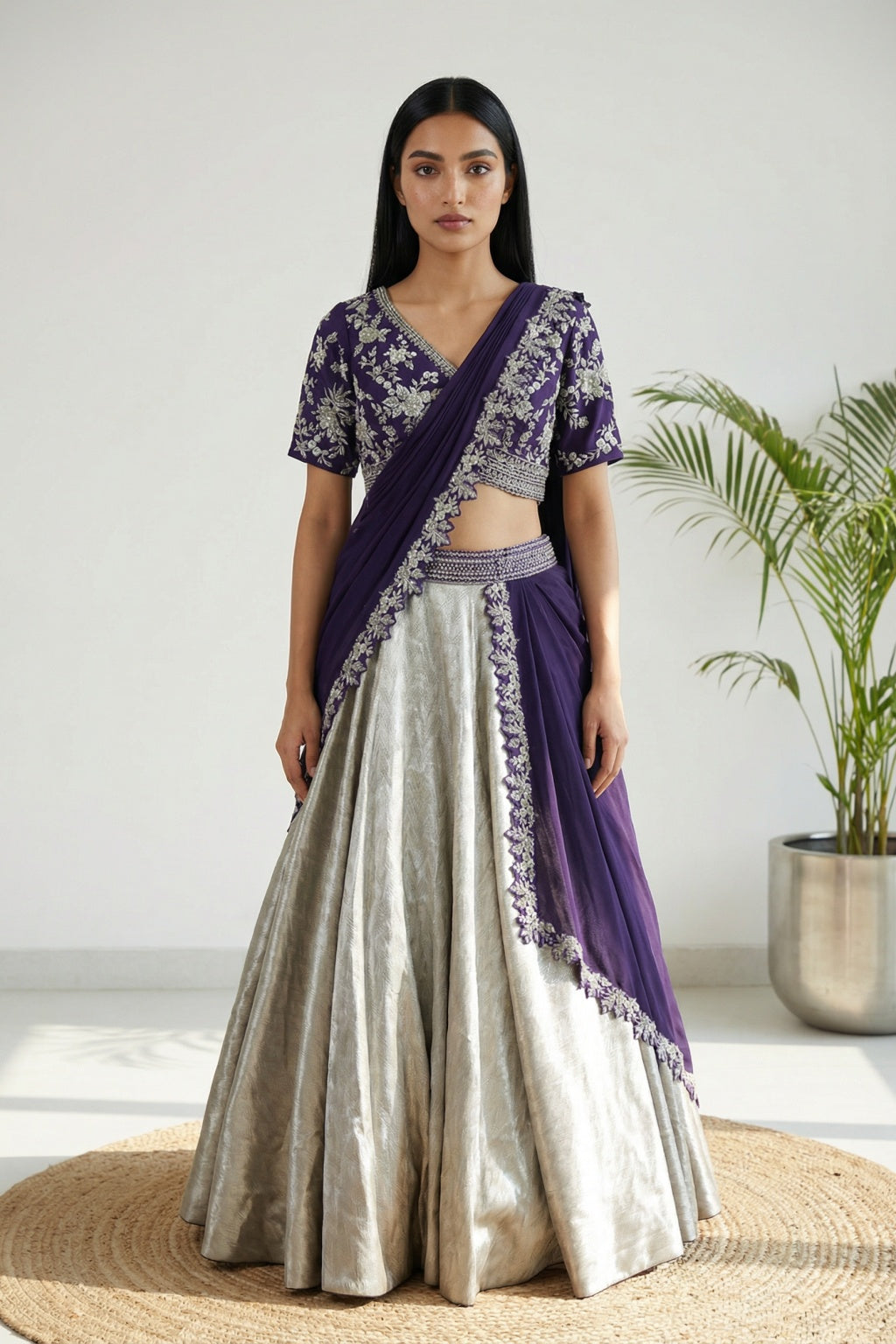 Silver & Purple Draped Banarasi Lehenga Set - Mokshaa