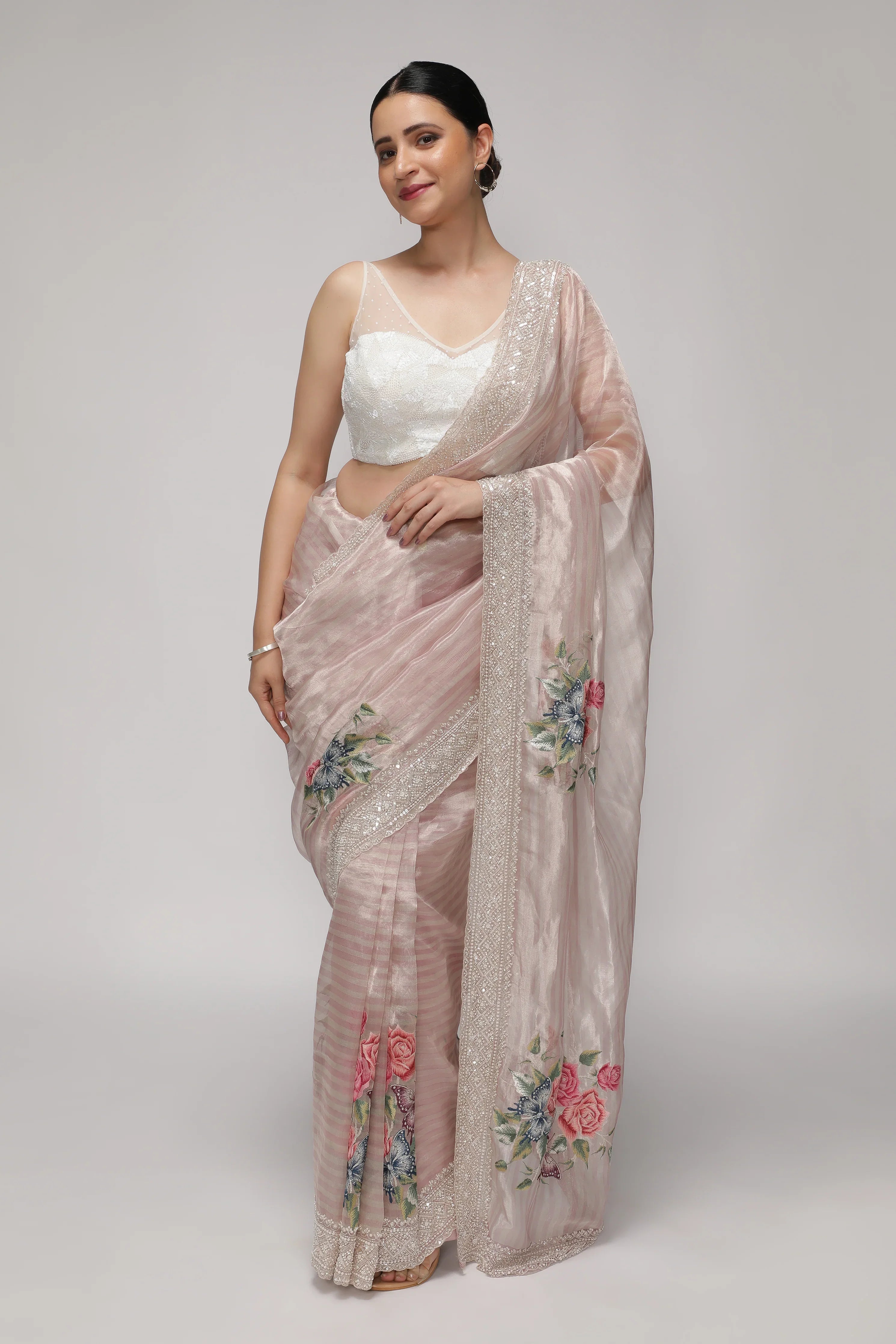 Shaded Peach Tissue Saree with Multithread Embroidery and Sequins Border - Mokshaa