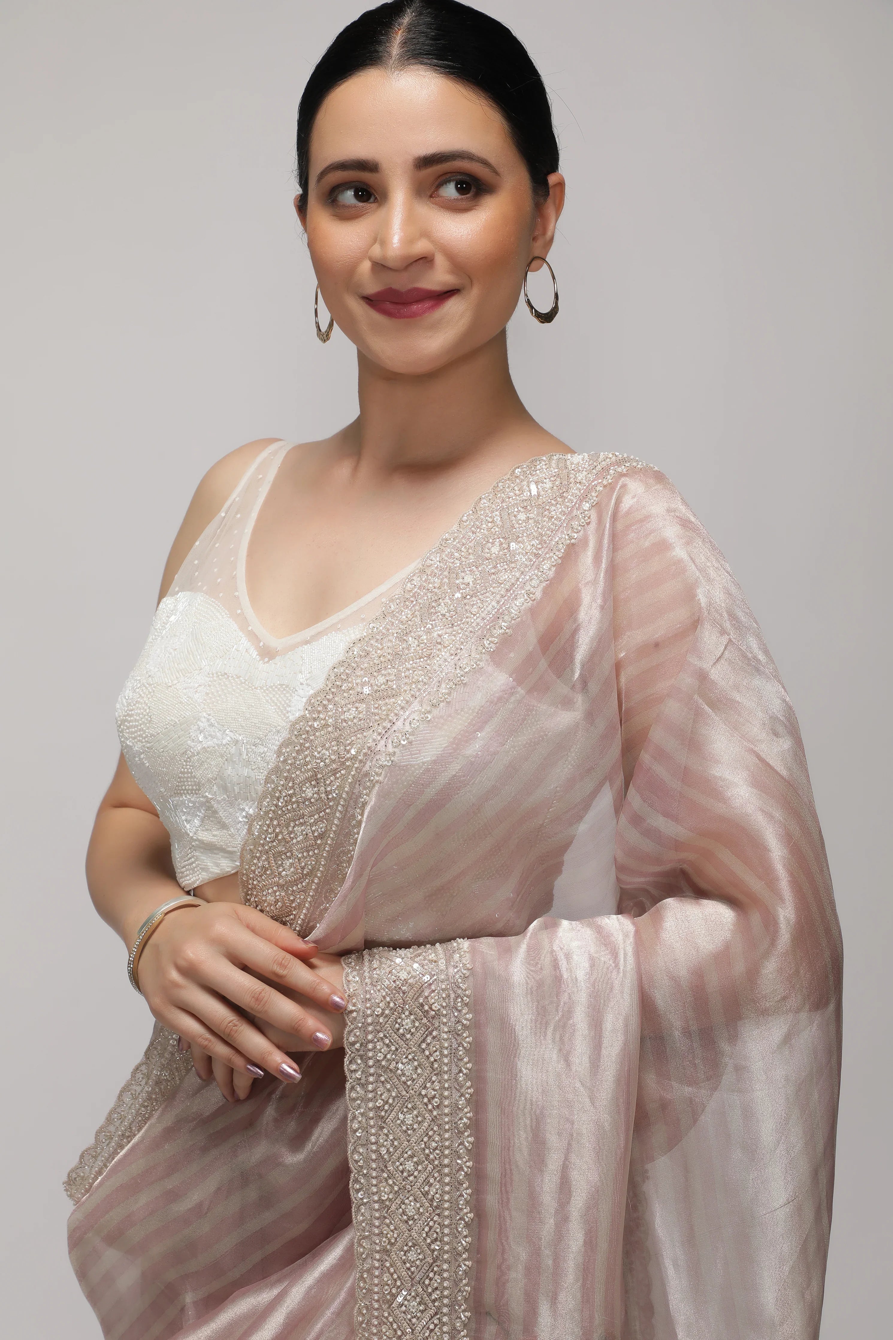 Shaded Peach Tissue Saree with Multithread Embroidery and Sequins Border - Mokshaa