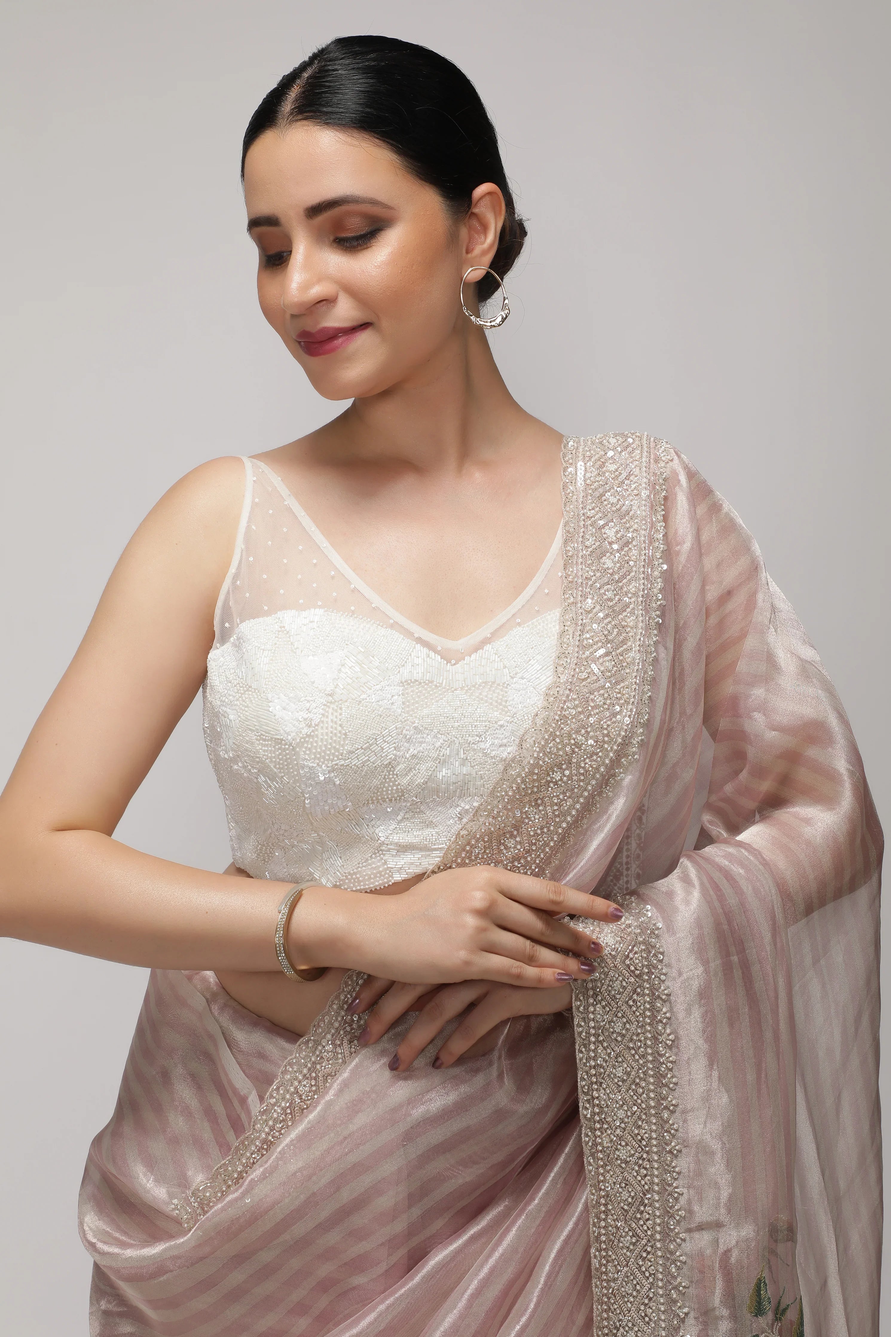 Shaded Peach Tissue Saree with Multithread Embroidery and Sequins Border - Mokshaa