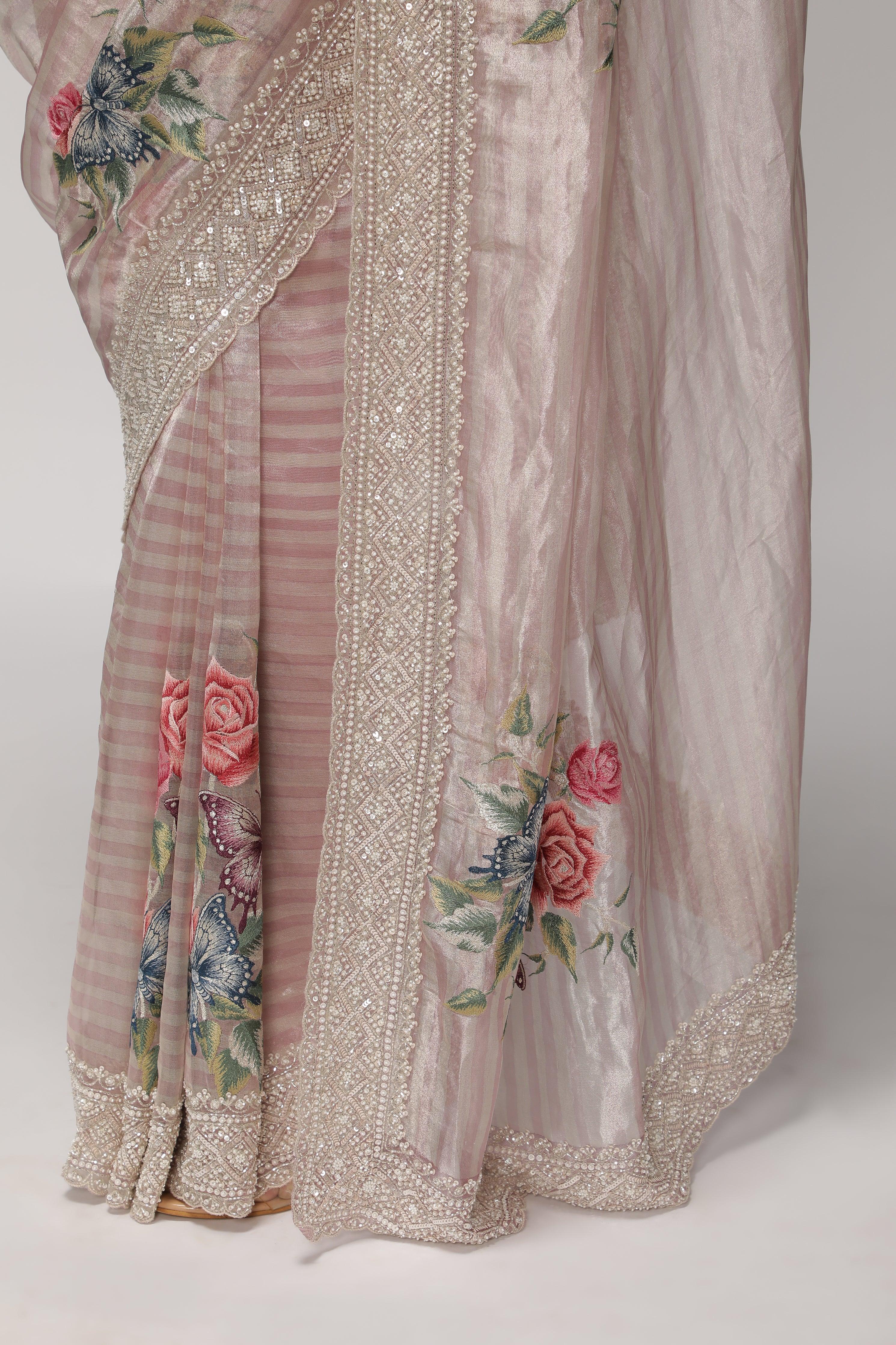 Shaded Peach Tissue Saree with Multithread Embroidery and Sequins Border - Mokshaa