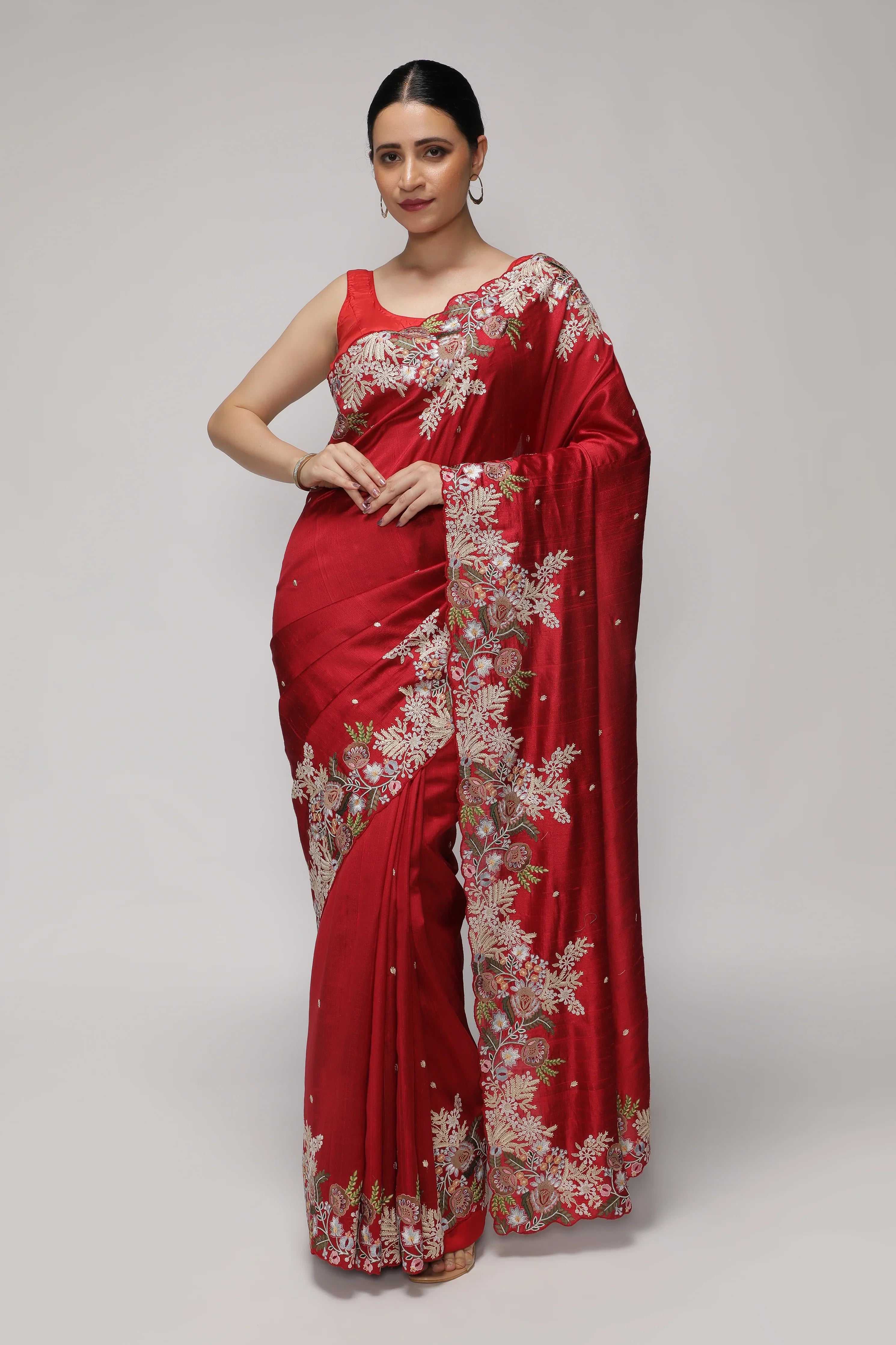 Red Handloom Tussar Saree with Contrast Embroidery Scallop Border - Mokshaa