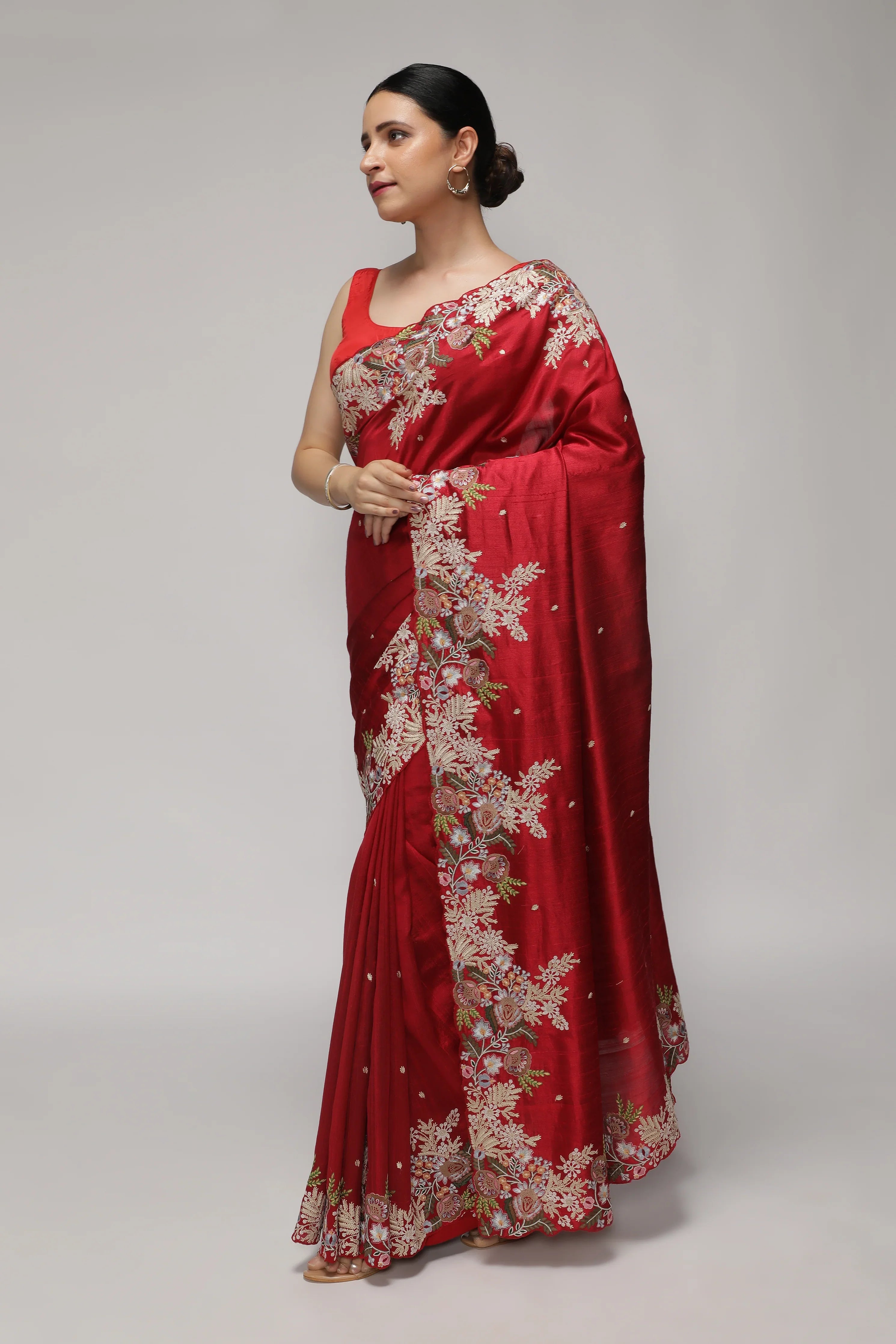 Red Handloom Tussar Saree with Contrast Embroidery Scallop Border - Mokshaa