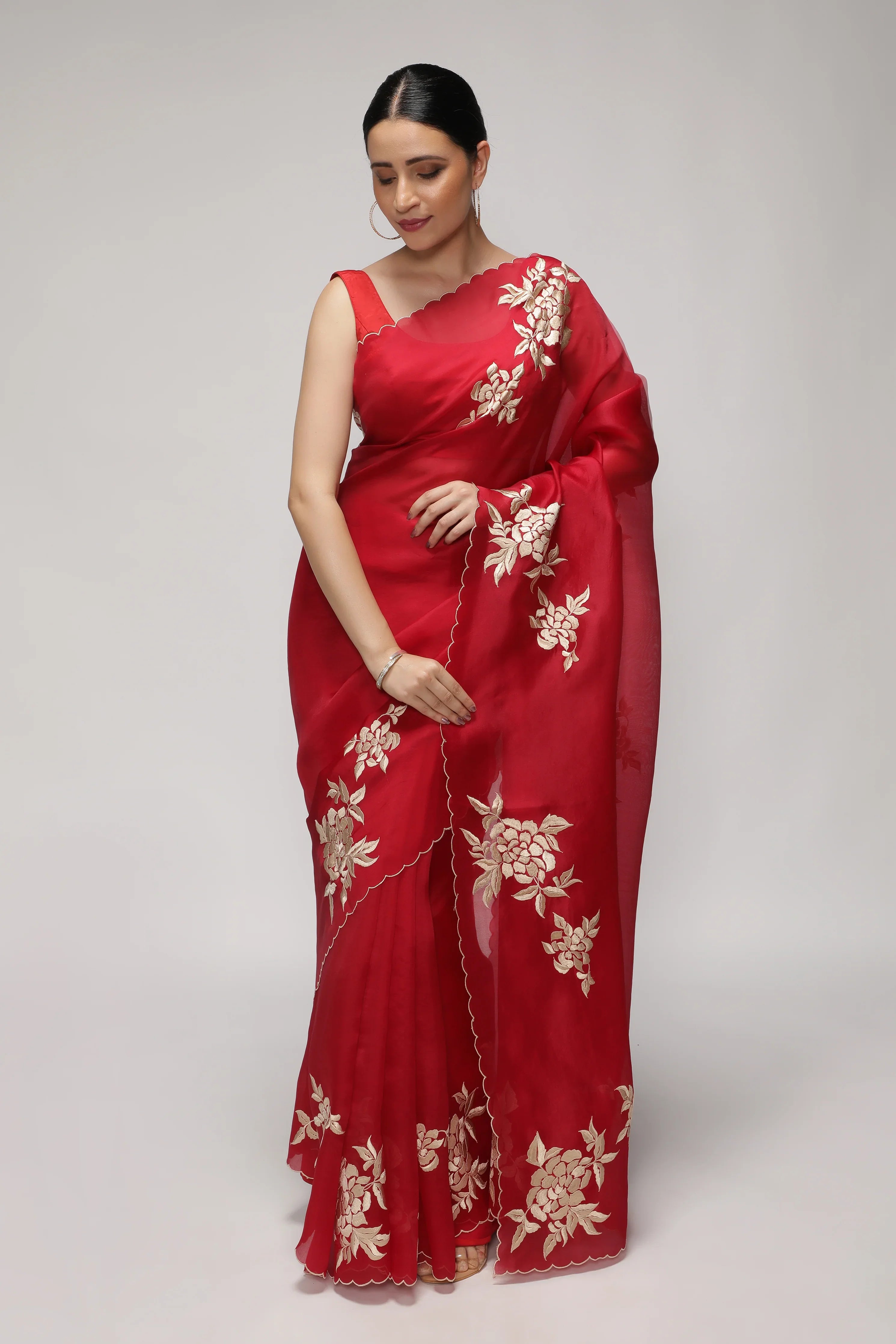 Red Organza Saree with All-Over Floral Thread Work Motifs - Mokshaa