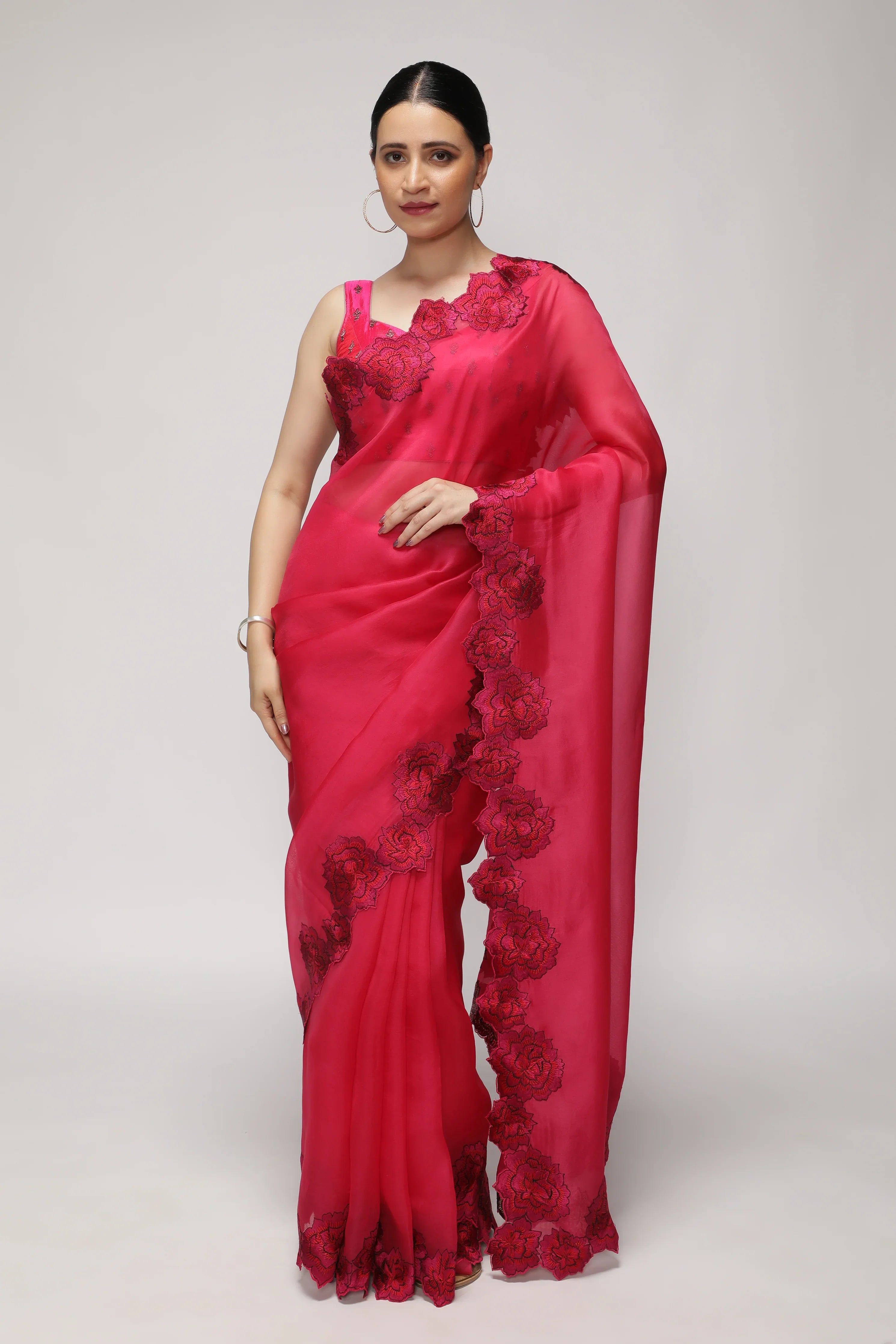 Fuchsia Pink Organza Saree with Shaded Floral Embroidery & Scallop Border - Mokshaa